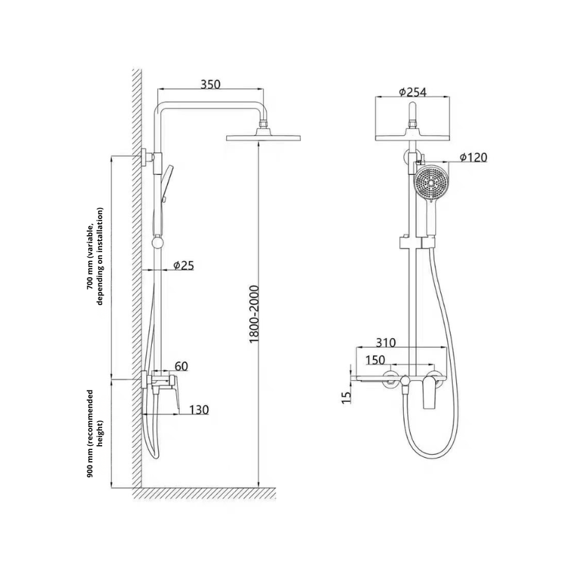 Opbouw regendoucheset Cynthia - Matte white - 130 × 35 × 25 cm
