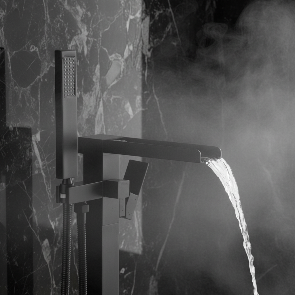 Vrijstaande Badkraan Lisandro – Watervaluitloop – Matte black - 87 × 22 × 15 cm