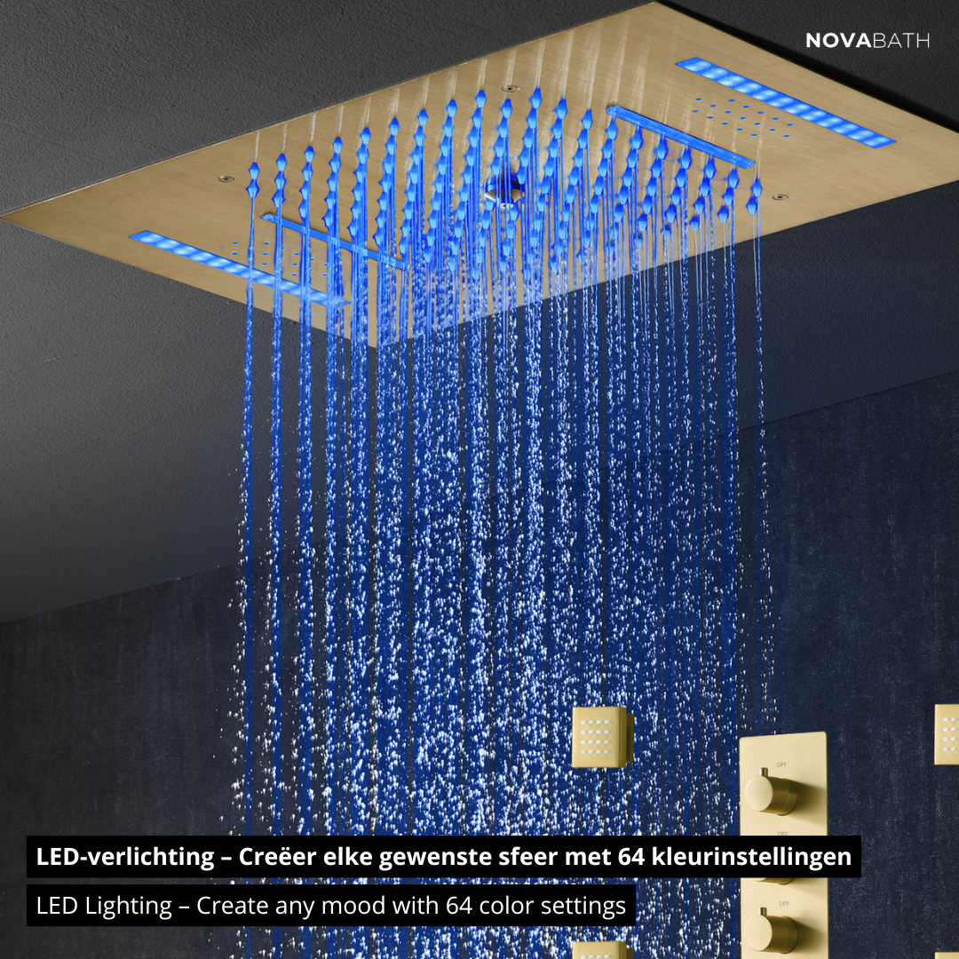 5-in-1 Thermostatische Inbouw Regendoucheset Julia – Bluetooth & Speakers – LED Verlichting – Massagejets - Brushed gold