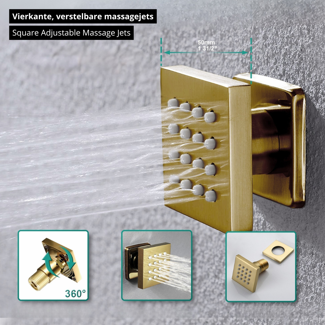 5-in-1 Thermostatische Inbouw Regendoucheset Julia – Bluetooth & Speakers – LED Verlichting – Massagejets - Brushed gold