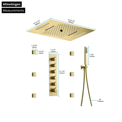 5-in-1 Thermostatische Inbouw Regendoucheset Julia – Bluetooth & Speakers – LED Verlichting – Massagejets - Brushed gold