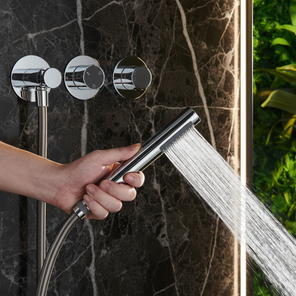 Thermostatische Inbouw Regendoucheset Marino – Digitale display - Waterval & Staafhanddouche – Chrome