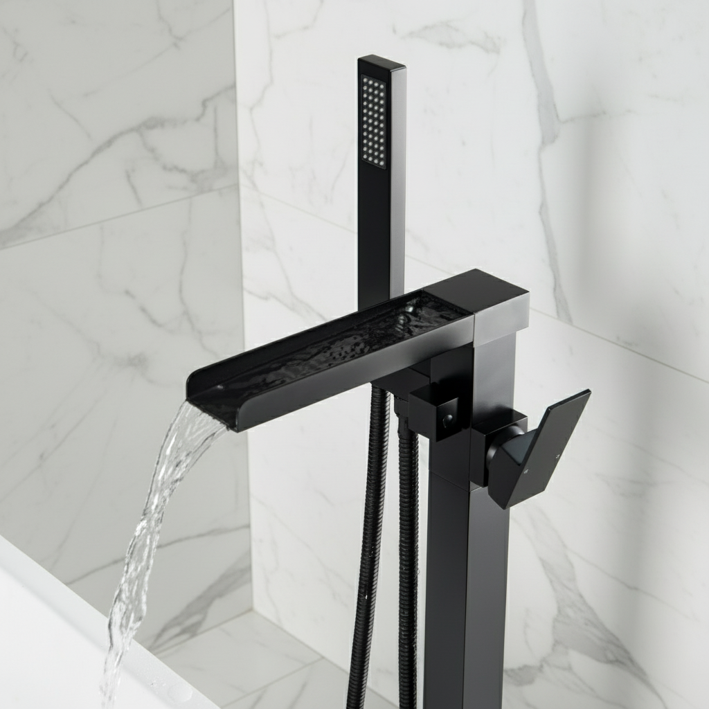 Vrijstaande Badkraan Lisandro – Watervaluitloop – Matte black - 87 × 22 × 15 cm