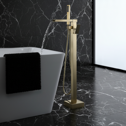 Vrijstaande Badkraan Lisandro – Watervaluitloop – Brushed Gold - 87 × 22 × 15 cm