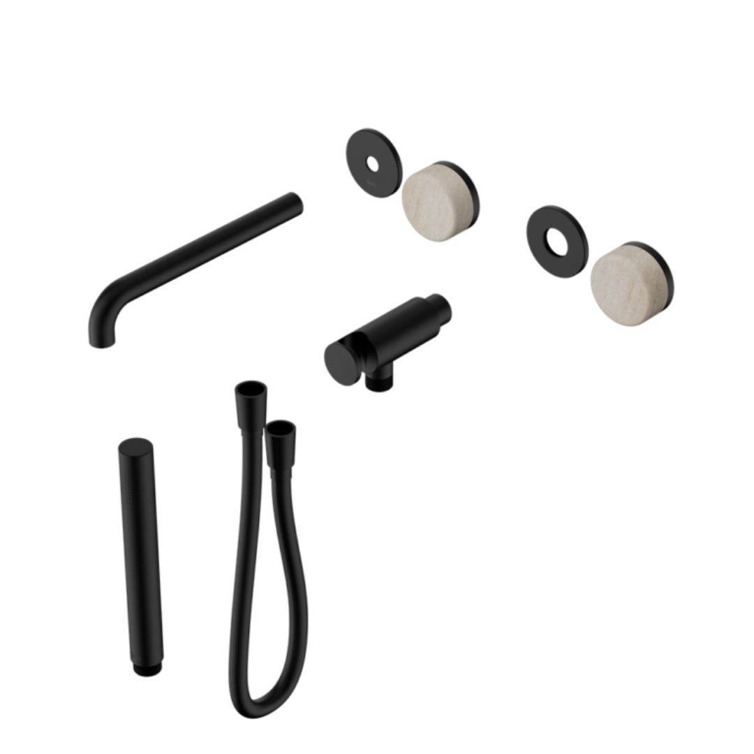 Inbouw badmengkraan Sorrento - Rome Travertine - Staafhanddouche en uitloop - Zonder achterplaat - Matte black