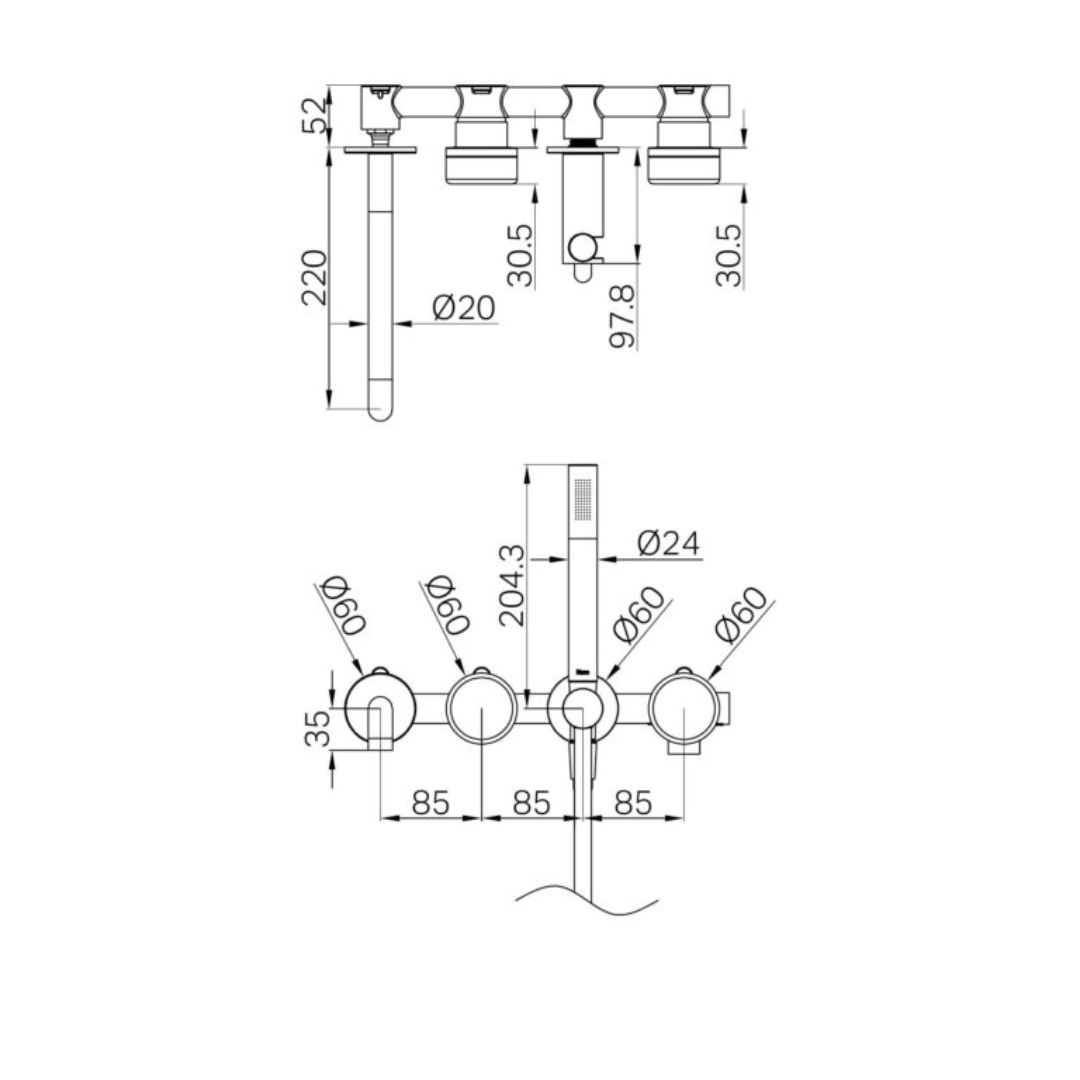 Inbouw badmengkraan Sorrento - Arabescato Corchia - Staafhanddouche en uitloop - Zonder achterplaat - Brushed gold