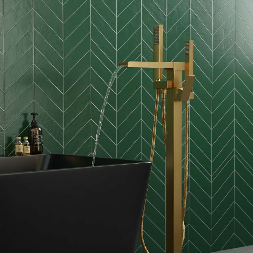 Vrijstaande Badkraan Lisandro – Watervaluitloop – Brushed Gold - 87 × 22 × 15 cm