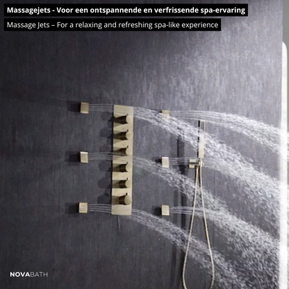 5-in-1 Thermostatische Inbouw Regendoucheset Julia – Bluetooth & Speakers – LED Verlichting – Massagejets - Brushed gold