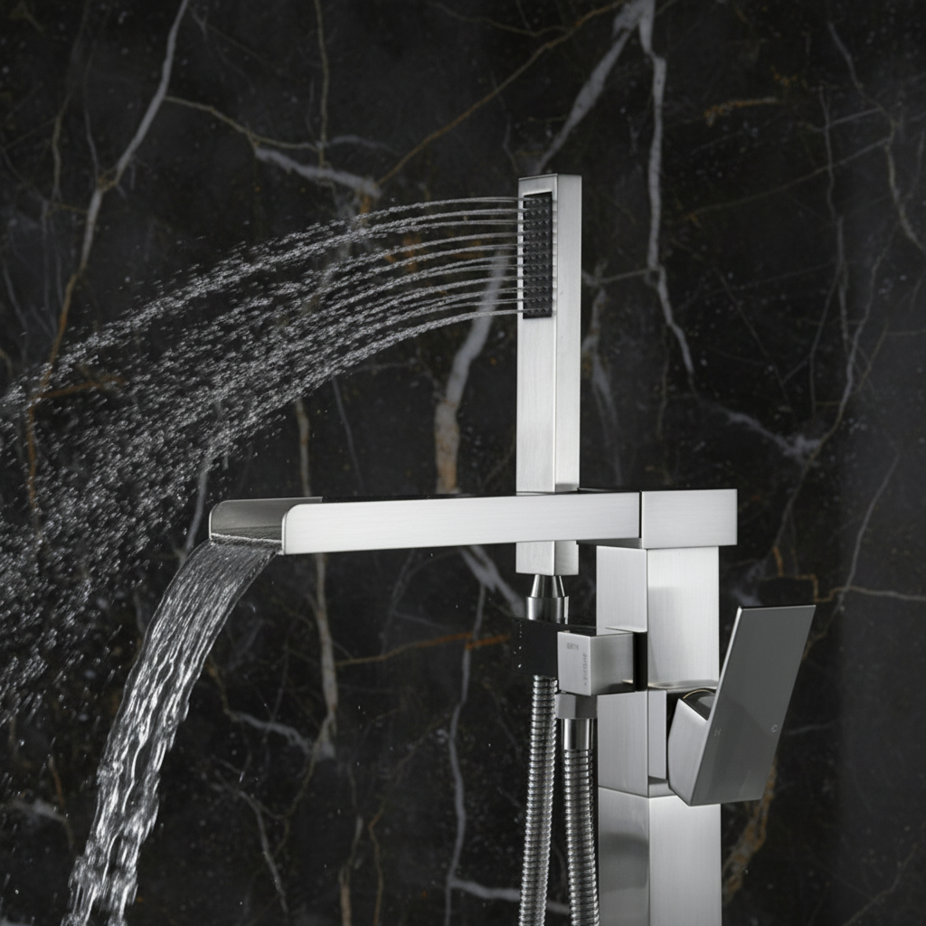 Vrijstaande Badkraan Lisandro – Watervaluitloop – Brushed nickel - 87 × 22 × 15 cm