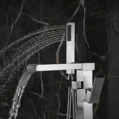 Vrijstaande Badkraan Lisandro – Watervaluitloop – Brushed nickel - 87 × 22 × 15 cm