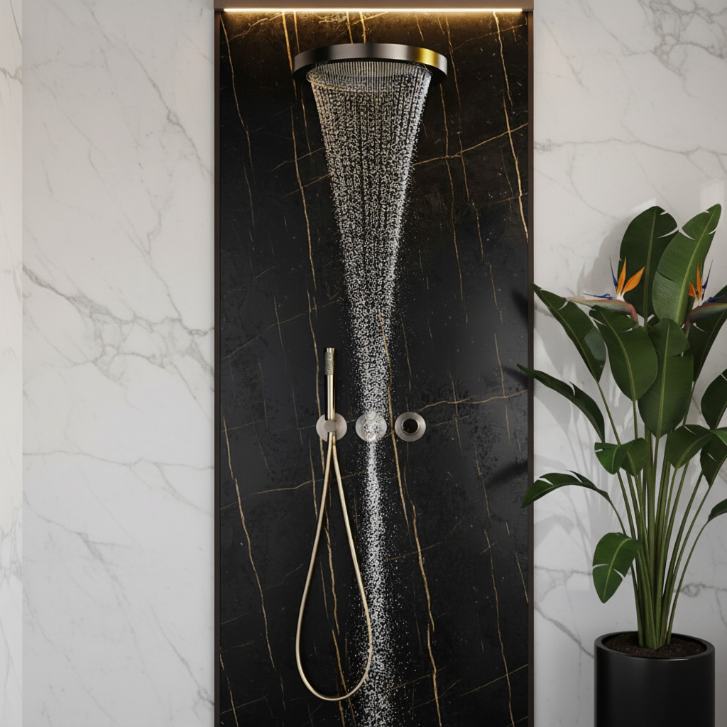 Thermostatische Inbouw Regendoucheset Marino – Digitale Regeling - Waterval & Staafhanddouche – Brushed Gold