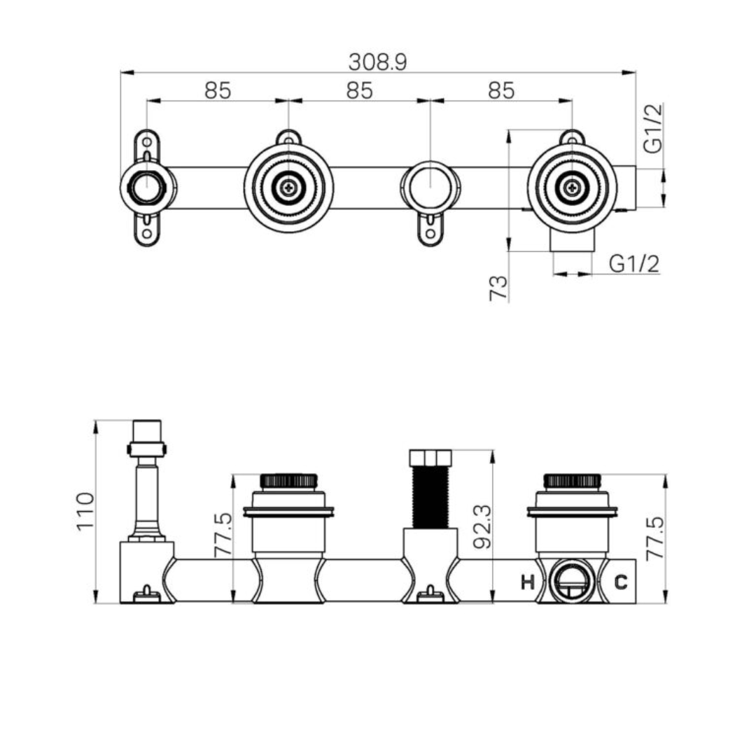 Inbouw badmengkraan Sorrento - Arabescato Corchia - Staafhanddouche en uitloop - Zonder achterplaat - Brushed gold