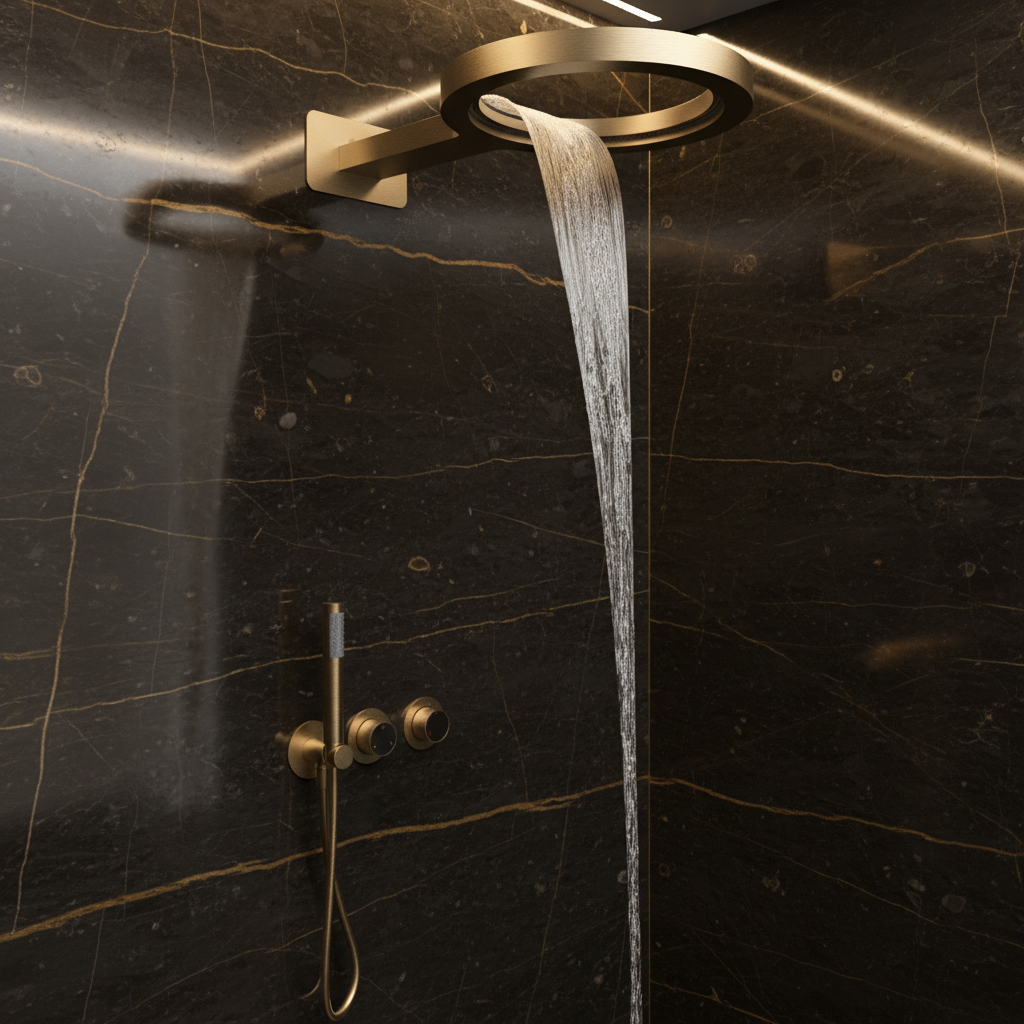 Thermostatische Inbouw Regendoucheset Marino – Digitale Regeling - Waterval & Staafhanddouche – Brushed Gold