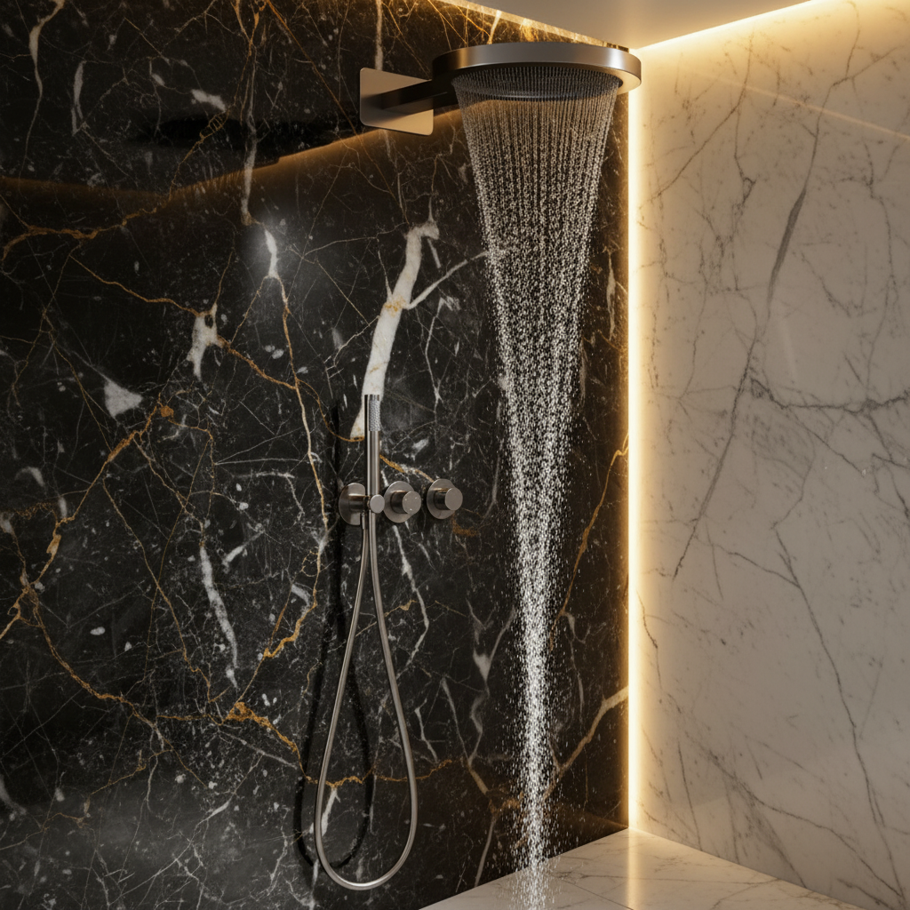 Thermostatische Inbouw Regendoucheset Marino – Digitale display - Waterval & Staafhanddouche – Chrome