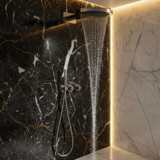 Thermostatische Inbouw Regendoucheset Marino – Digitale display - Waterval & Staafhanddouche – Chrome