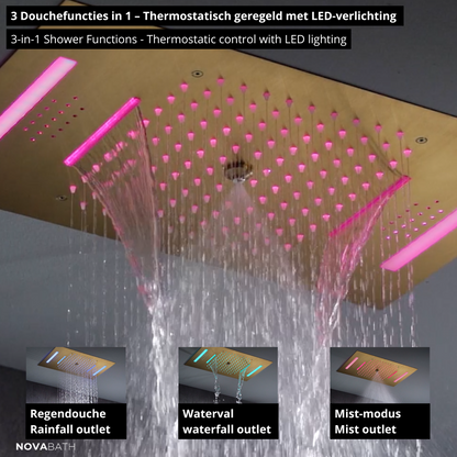 5-in-1 Thermostatische Inbouw Regendoucheset Julia – Bluetooth & Speakers – LED Verlichting – Massagejets - Brushed gold