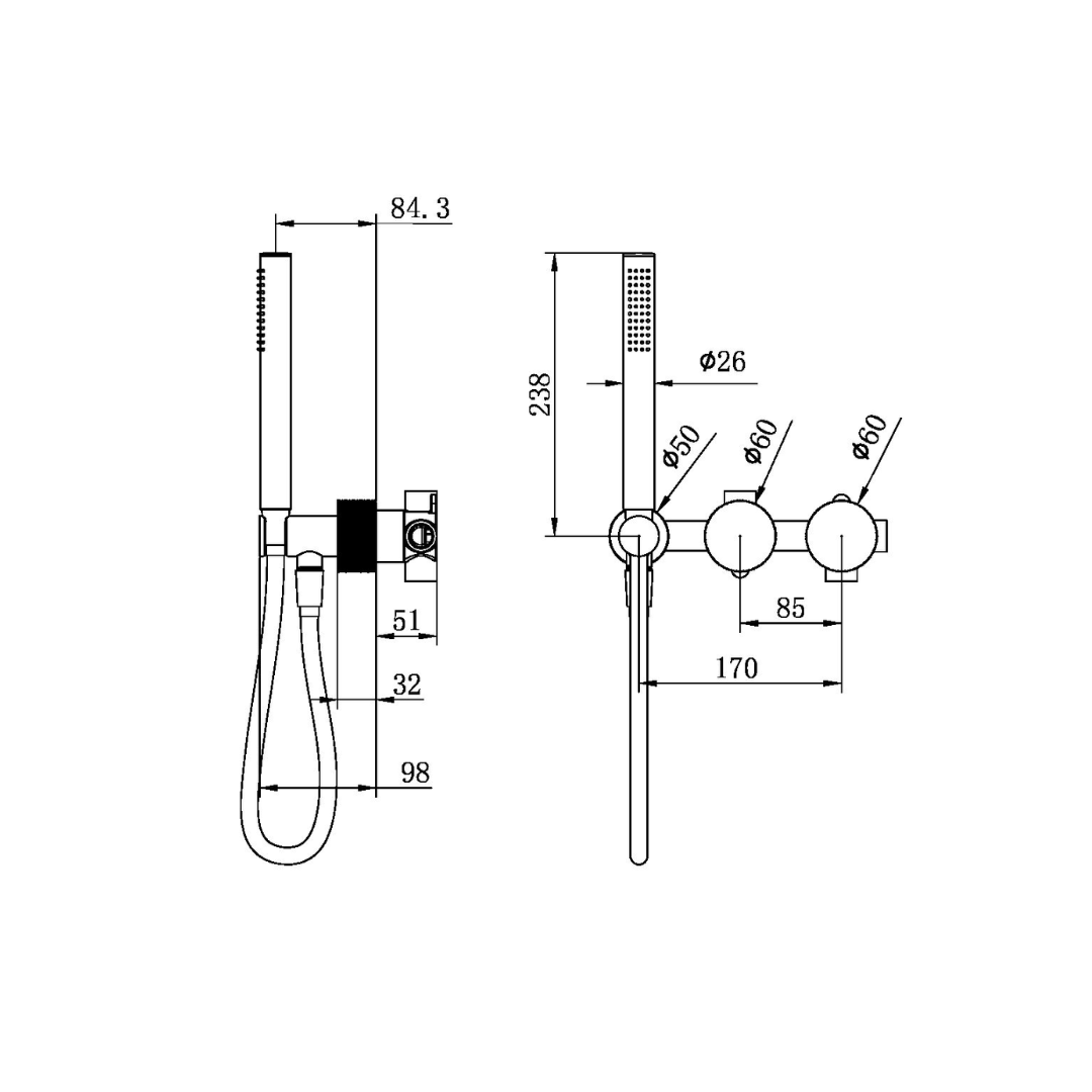 Inbouw douchemengkranen Valencia - Staafhanddouche - Zonder achterplaat - Graphite