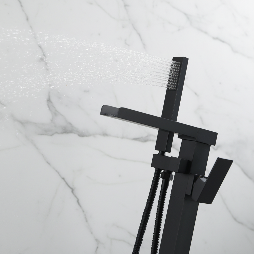 Vrijstaande Badkraan Lisandro – Watervaluitloop – Matte black - 87 × 22 × 15 cm