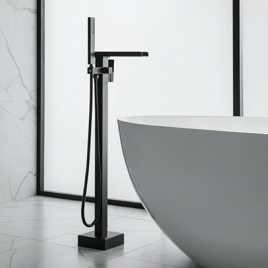 Vrijstaande Badkraan Lisandro – Watervaluitloop – Matte black - 87 × 22 × 15 cm