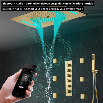 5-in-1 Thermostatische Inbouw Regendoucheset Julia – Bluetooth & Speakers – LED Verlichting – Massagejets - Brushed gold
