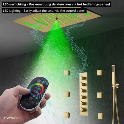 5-in-1 Thermostatische Inbouw Regendoucheset Julia – Bluetooth & Speakers – LED Verlichting – Massagejets - Brushed gold