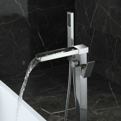 Vrijstaande Badkraan Lisandro – Watervaluitloop – Brushed nickel - 87 × 22 × 15 cm