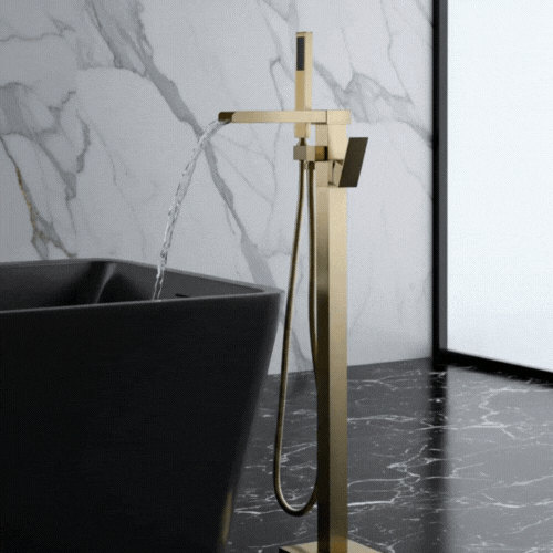 Vrijstaande Badkraan Lisandro – Watervaluitloop – Brushed Gold - 87 × 22 × 15 cm