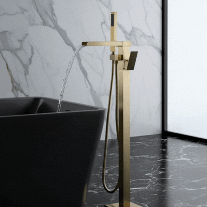 Vrijstaande Badkraan Lisandro – Watervaluitloop – Brushed Gold - 87 × 22 × 15 cm